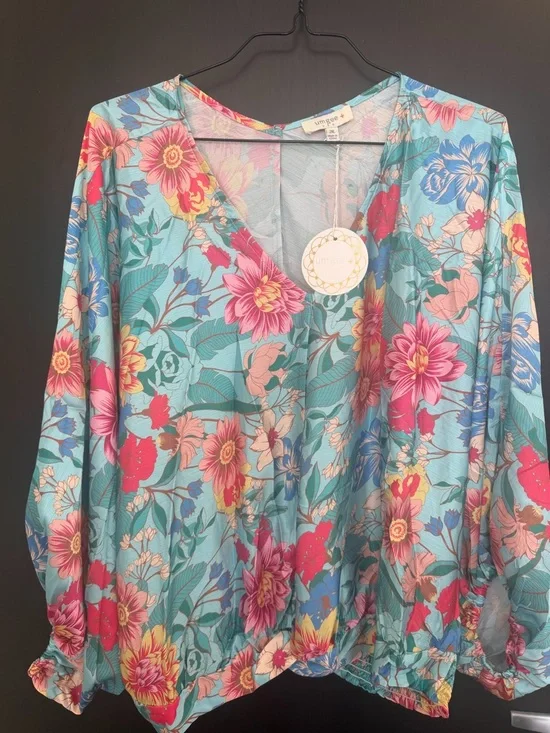 Umgee Aqua Floral V-Neck Puff Sleeve Blouse - Picture 4 of 9